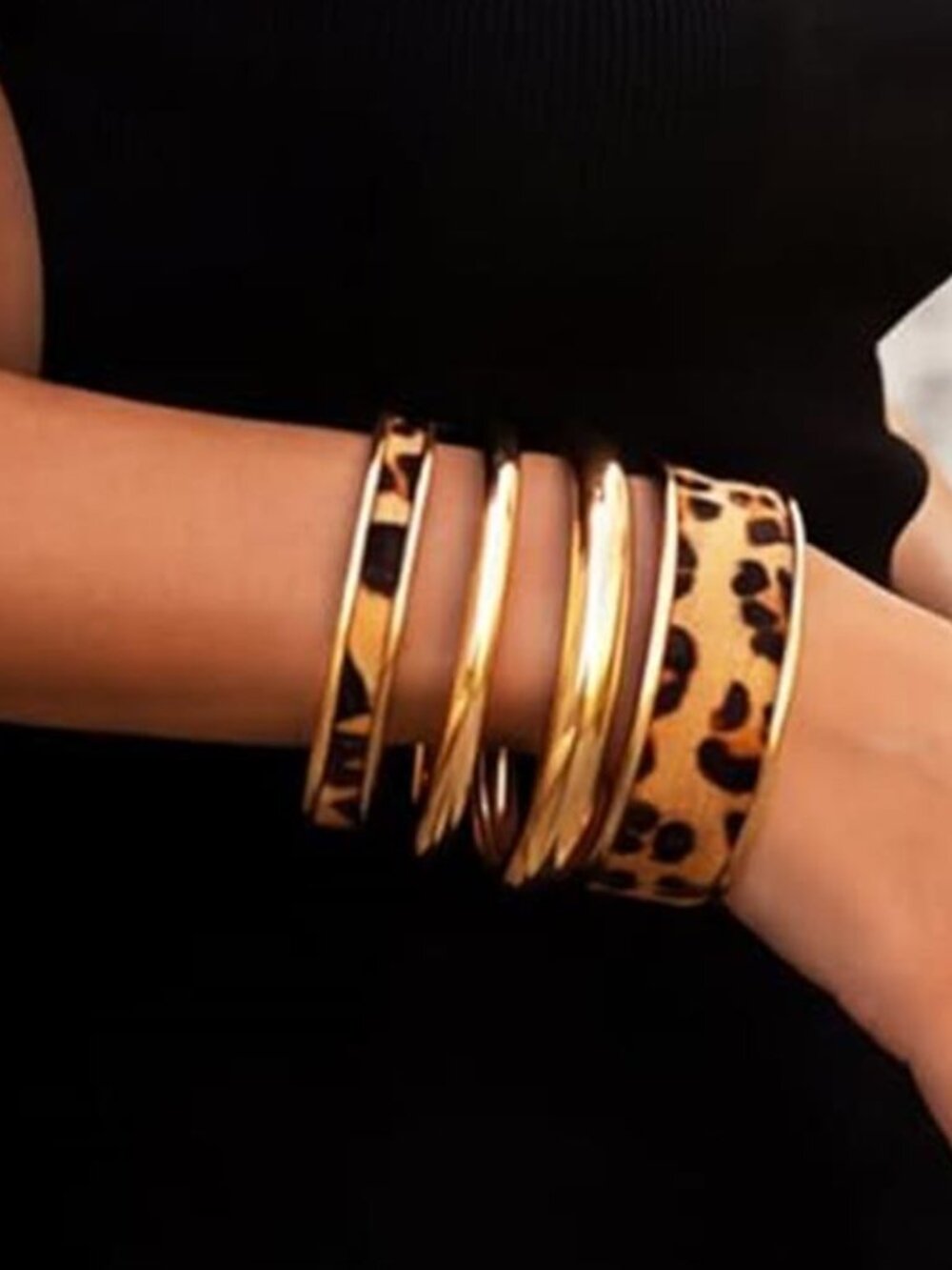 Leopard Print Gold Tone Chunky Cuff Bangle Bracelet Set for Women